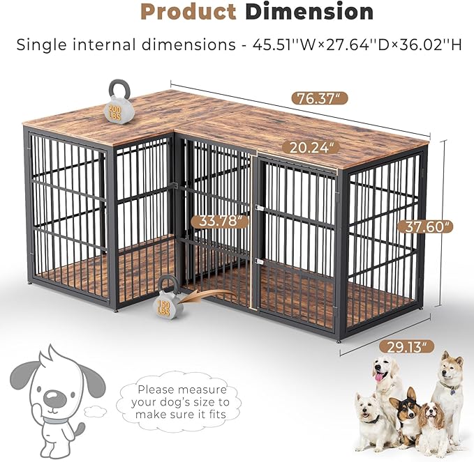 Lyromix 48'' L-Shaped Corner Dog Crate Furniture Large Breed with Double Rooms,Wooden Dog Crate End Table Indoor with Removable Divider for Small to Medium Dogs, Can Use Separately