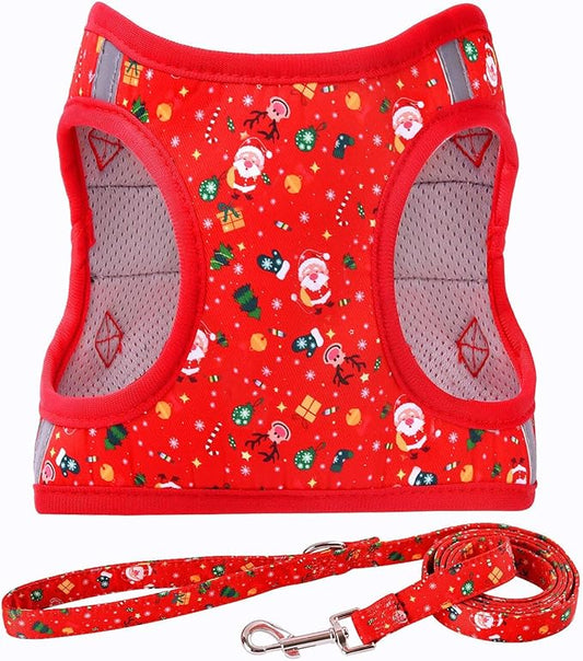 Moonpet Step in Christmas Xmas Day Dog Harness Leash Set- All Weather Reflective No-Pull Floral Pattern Padded Mesh Vest Harness for Cats Puppy Extra-Small Small Medium Large Dogs - XS