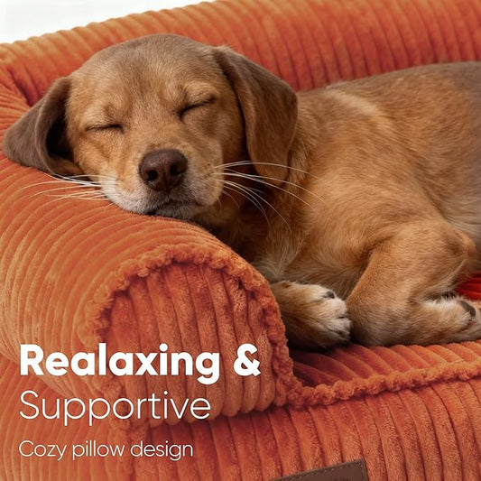 FUKUMARU Dog Couch Bed, Corduroy Cozy Cat Bed for Indoor Cats with Washable Cover, 28in Waterproof Orthopedic Dog Beds Sofa for Small Dogs and Large Cats, Cute Warm Cotton Pet Sofa, Orange