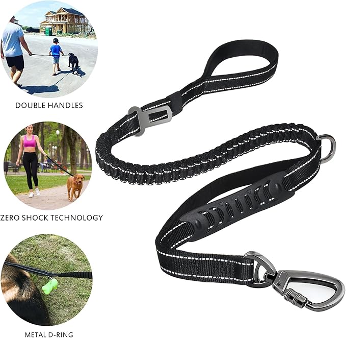 Fashion&cool Heavy Duty Dog Leash Especially Large Dogs Up to 150lbs, 4-6 Ft Reflective Dog Walking Training Shock Absorbing Bungee Leash Car Seat Belt Buckle, 2 Padded Traffic Handle Extra Control