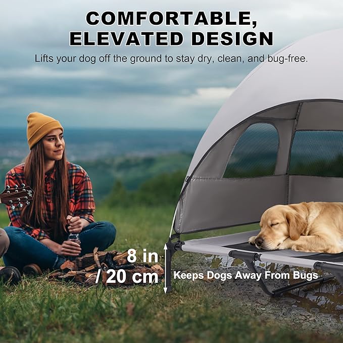 Large Raised Dog Bed with Removable Shade Canopy, Breathable & Waterproof Outdoor Pet Cot for Dogs up to 110 Lbs, Durable Steel Frame Dog Camping Bed for Lawn, Porch, Beach or Indoor Resting