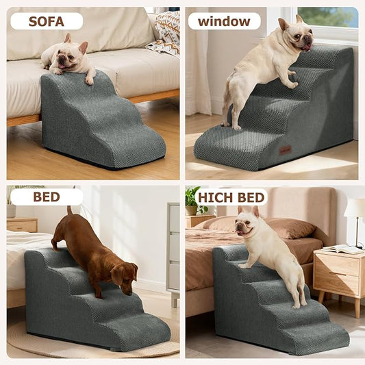 Dog Stairs for Bed 22.4”H,5-Step Dog Ramp for Small Dogs & Cats,Pet Steps for Dogs to get on High Bed, Indoor Anti-Slip Pet Stairs for Old Cats and Puppy,Grey