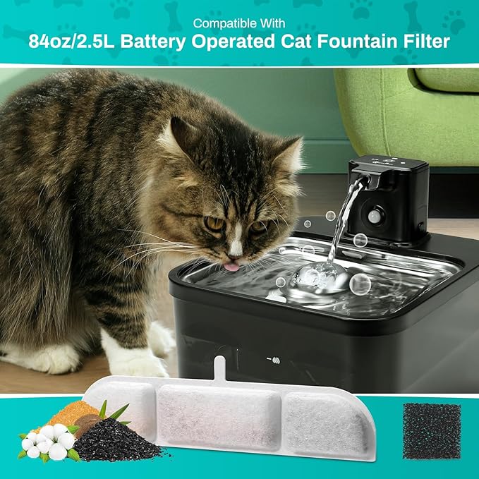 6 Packs Replacement Filters for Battery Operated Cat Water Fountain, 6 Set Pet Fountain Filter for 84oz/2.5L Wireless Cat Drinking Fountain Indoor, Stainless Steel Cordless Multi-Filtration System