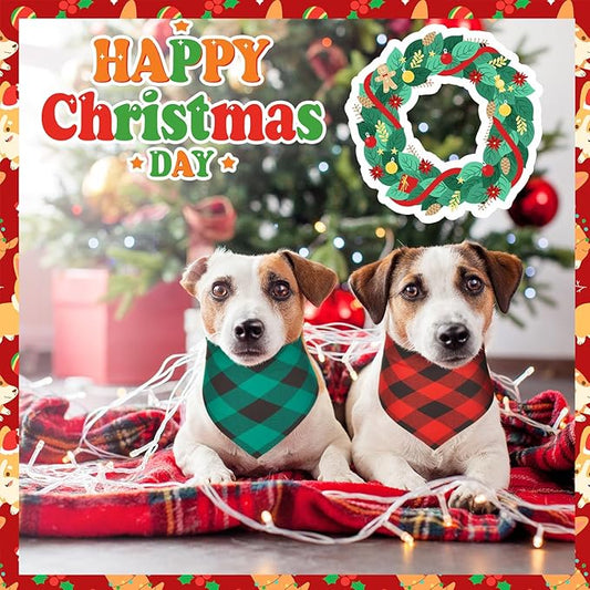 50 Pcs Red and Green Buffalo Plaid Bandanas Bulk for Christmas Dog Xmas Kerchief Set Bibs Dog Triangle Scarf for Small Medium Large Doggie Costume Decoration