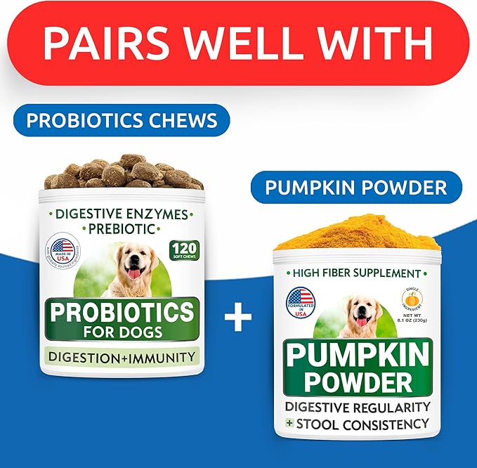 Pumpkin for Dogs - Powdered Fiber Supplement and Stool Softener - Treat Diarrhea, Constipation, Upset Stomach, Food Sensitivity - Improve Digestion - 8.1 oz Jar Natural
