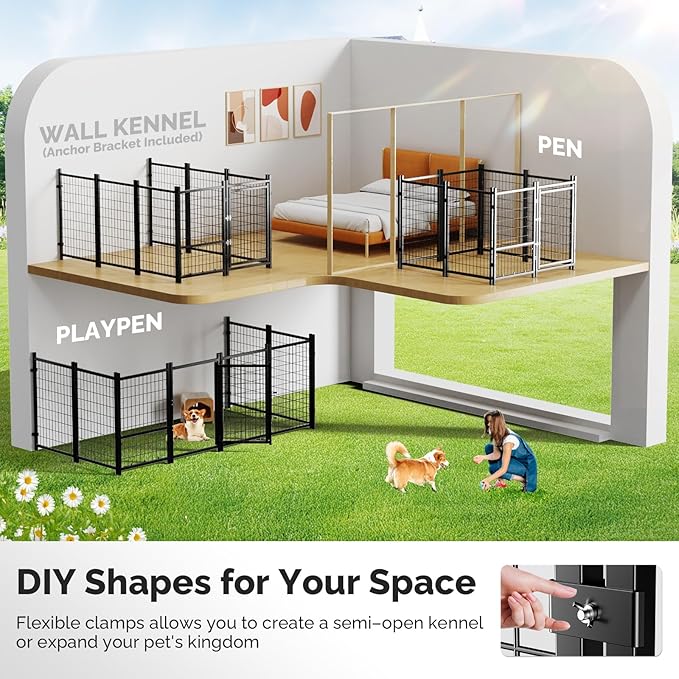 Sino Luban 2PCS Outdoor Dog Kennel Outside Run with Doggy Door&Waterproof Roof - 4x4x4.6FT Large Dog Kennels Pens Outside for Small/Medium Dogs - Heavy Duty Cage Yard (Can Connect to Your Dog House)