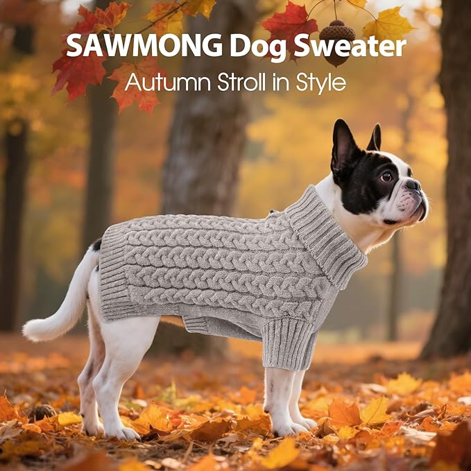 SAWMONG Dog Sweater, Dog Sweaters for Large Dogs Girls Boys, Pullover Turtleneck Knitted Doggy Sweatshirt, Cold Weather Pet Clothes(Grey, Large