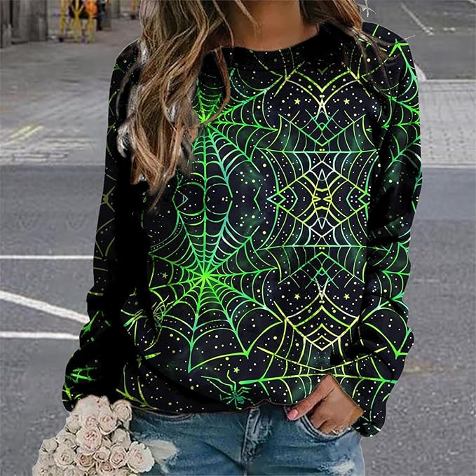 MARSVOVO Fall Sweatshirt for Women Novelty Spider Web Shirt Dressy Casual Crewneck Tunic Tops Spring Graphic Pullover