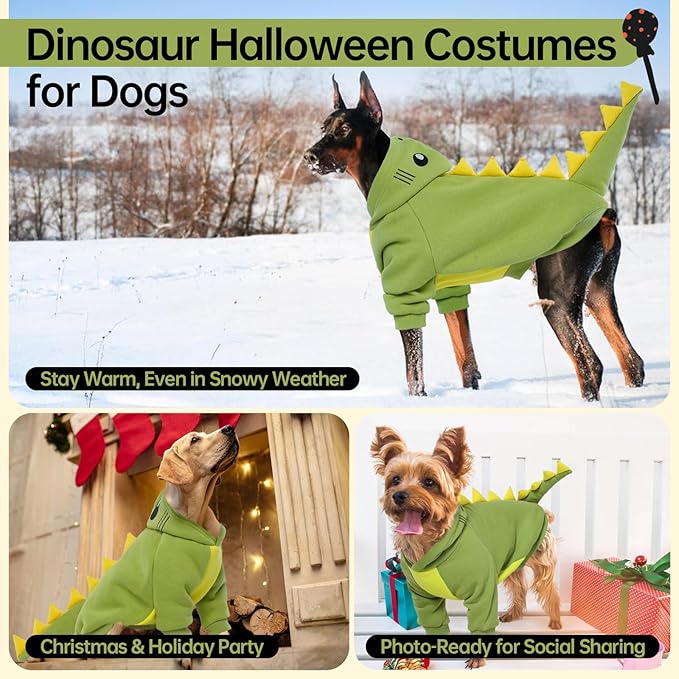 QBLEEV Dog Dinosaur Winter Coat, Warm Soft Knit Pullover Jacket with Hood for Cold Weather, Cozy Fleece-Lined Sweatshirt with 3D Dino Spikes, Stretchy Cute Pet Outerwear for Small Medium Large Dogs