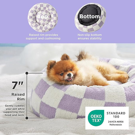 LE SURE Donut Small Dog Bed - Round Cat Beds for Indoor Cats Calming Pet Beds, Cute Modern Beds with Jacquard Shaggy Plush & Anti Slip Bottom, 23 Inch, Purple