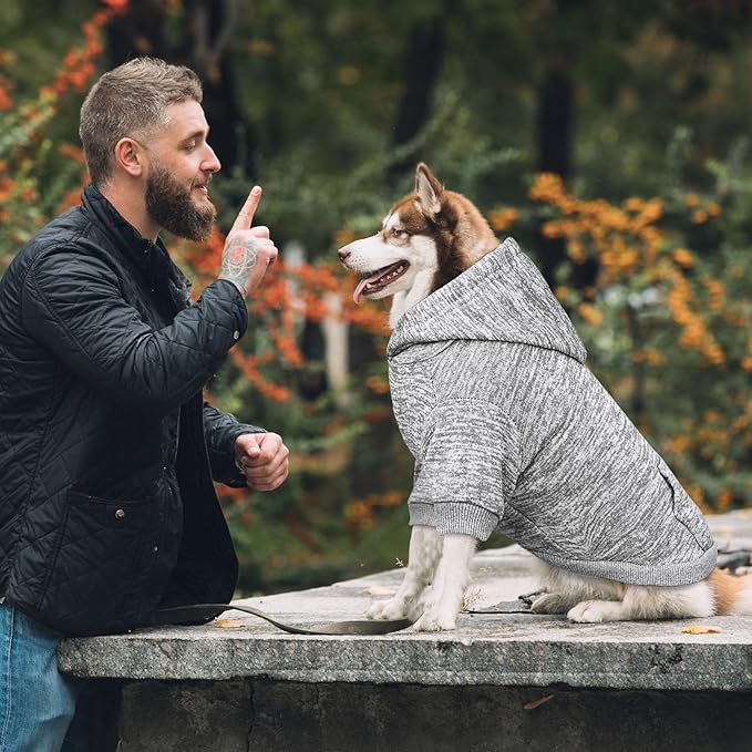 Fleece Dog Sweater & Hoodie - Soft Dog Clothes Sweatshirt with Pocket - Large Dogs (Grey)