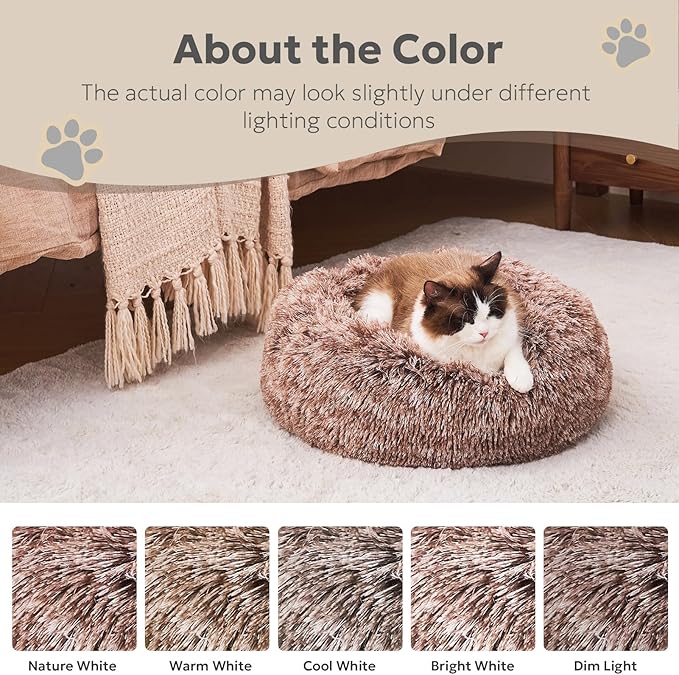 Calming Dog Bed for Medium Size Dogs, Anti-Anxiety Donut Medium Pet Bed Washable, Anti-Slip Round Fluffy Plush Faux Fur Puppy Bed, Fits up to 35 lbs Pets (Brown, 30")