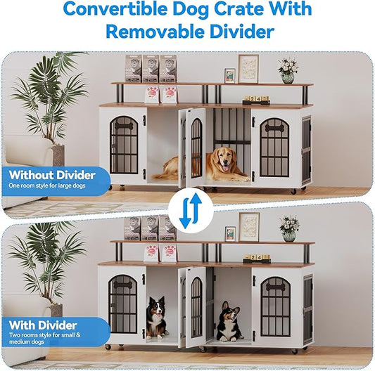 Petrova 63" Dog Crate Furniture for 2 Dogs, XL Large Indoor Wooden Dog Kennel with Divider, 6 Lockable Wheels & Storage, Heavy Duty Modern Decorative Double Dog Cage TV Stand for Medium/Large Breed
