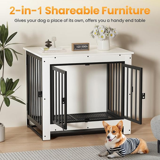 Dog Crate Furniture, 29 Inch Indoor Dog Kennel for Small Dogs Up to 30 LBS, Heavy Duty Wooden Pet Cage End Table with 3 Doors, Alloy Steel Frame & Removable Tray