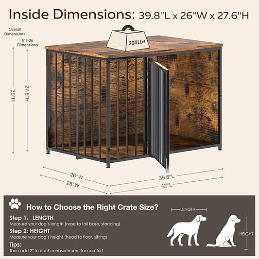 Dog Crate Furniture for Large and Medium Dogs, 42 Inch Wooden & Steel Decorative Indoor Kennel, Pet Cage End Table for Home, Escape-Proof & Chew-Proof, Rustic Brown