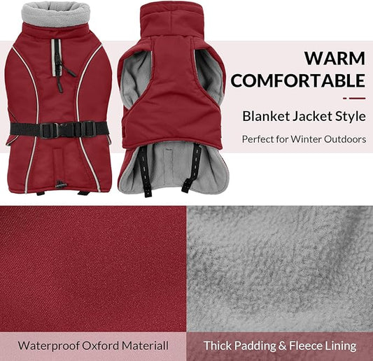 Queenmore Large Coat, Winter Jacket, Waterproof Puffy Snowsuit for Dogs - Adjustable Reflective Fleece Lining Warm Padding Parka for Cold Weather, Red L