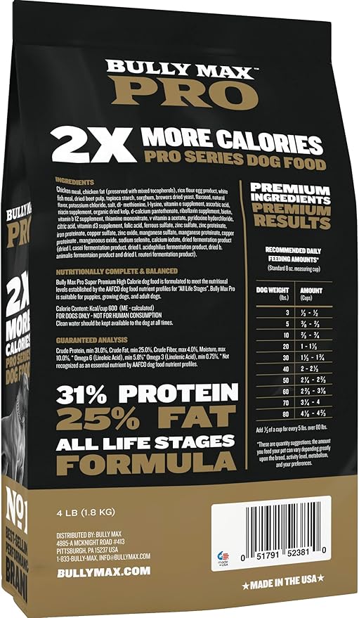 Bully Max Pro 2X High Calorie & High Protein Dry Dog Food for Puppy & Adult Dogs - Healthy Weight Gain & Muscle Building for Small & Large Breeds - Slow-Cooked, 600 Calories/Cup, Chicken Flavor, 16lb.