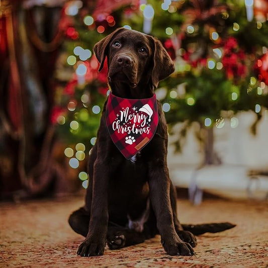 ADOGGYGO Christmas Dog Bandanas, Red Green Plaid Dog Scarf Bib, Premium Cotton Fabric, Multiple Sizes, Merry Christmas Bandanas for Medium Large Dogs (Large)