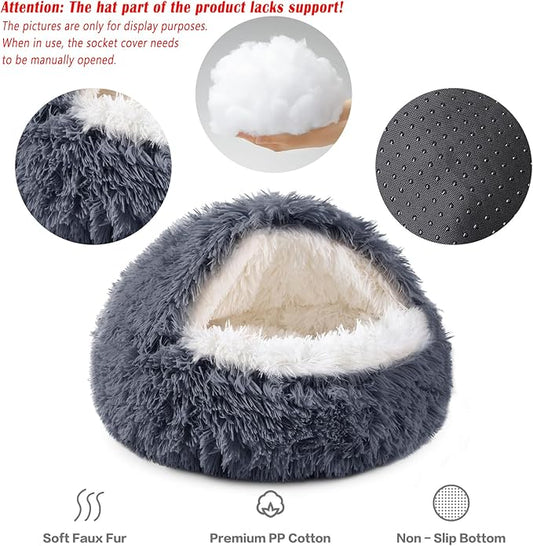 NOYAL Round Hooded Donut Dog Bed for Small & Medium Pets - Plush Fluffy Anti-Anxiety Cat Cave Bed with Cover