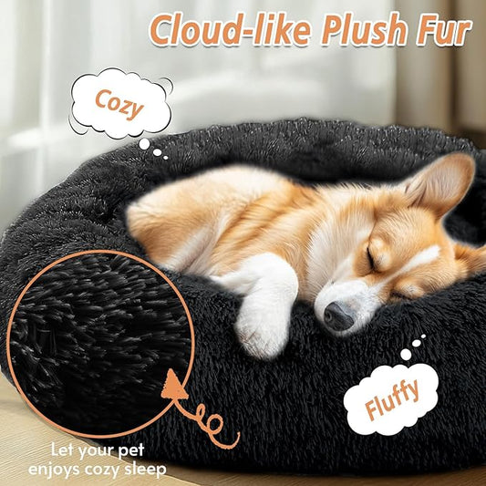 JOLLYVOGUE Small Dog & Cat Beds for Indoor Cats, Donut Cuddler Warming Soft Dog Beds with Anti-Slip Bottom, Round Calming Fluffy Plush Faux Fur Cushion Bed for Medium Dogs (31", Black)