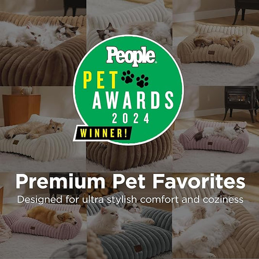 Bedsure Cute Cat Couch for Pets - Fluffy Cat Sofa with Premium Soft Corduroy Fleece, Fuzzy Pet Couch Bed with Removable Washable Cover, Supportive Pet Chair for Indoor Cats, 24inch, Tuscan Beige