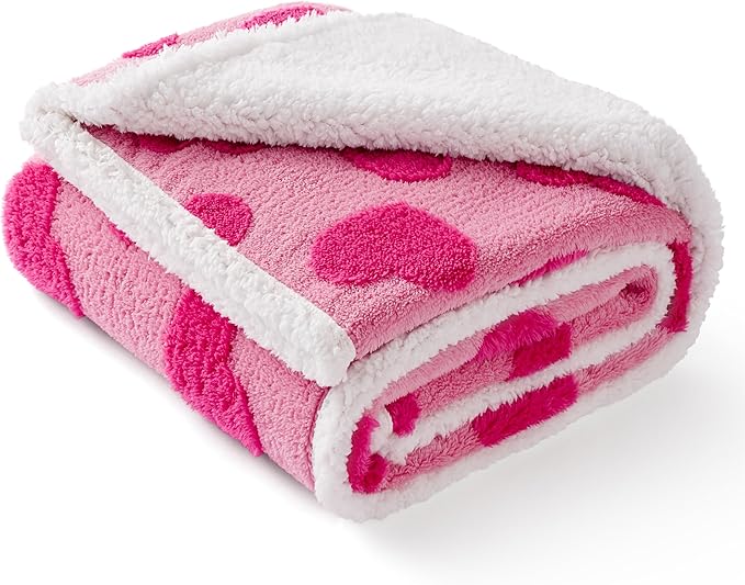 LE SURE Waterproof Puppy Blanket for Small Dogs - Washable Double Sided Dog Blankets with Warm Jacquard Shag and Soft Sherpa Fleece, Pet Cat Blanket for Couch Protection, Love Pattern Design,Pink