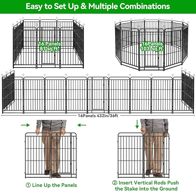 Dog Fence Outdoor 16 Piece Panels 47" Height, Square Steel Pipe with Reinforced Crossbars, Anti-Rust Heavy Duty Dog Playpen with Doors Portable for Yard RV Camping, Total 36FT, 103 Sq.ft, Snowy Black