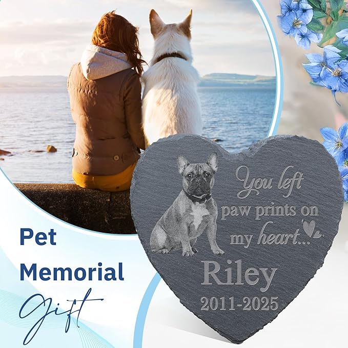 Pet Memorial Stone with Photo, Dog Memorial Gifts for Loss of Dog, Personalized Pet Memorial Gifts, Pet Loss Gift - Paw Prints On My Heart(Heart)