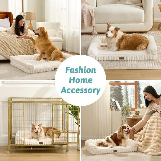 Cute Dog Bed for Small Dogs, Faux Fur Orthopedic Foam Dog Bed with Sides, Removable Washable Cover & Waterproof Lining, Comfortable Pet Couch, Cream (30" L x 20" W x 6" Th)