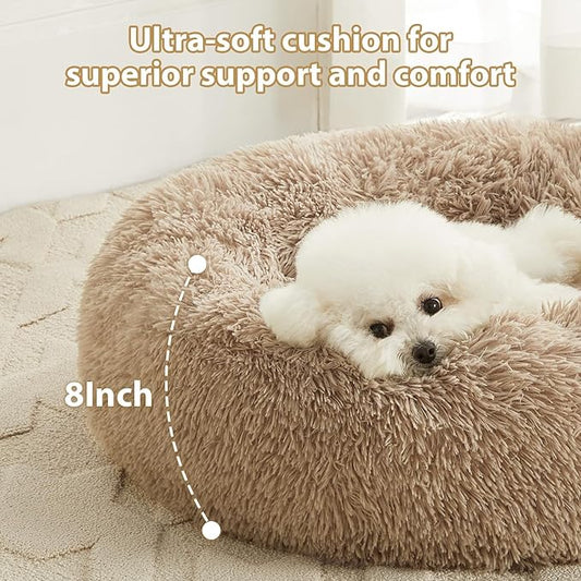 WNPETHOME Donut Dog Beds Large Sized Dog,Anti-Anxiety Caming Large Pet Bed,Fluffy Faux Fur Plush Puppy Bed,Warming Cozy Soft Round Bed for Pet, Cat Cuddler Cushion