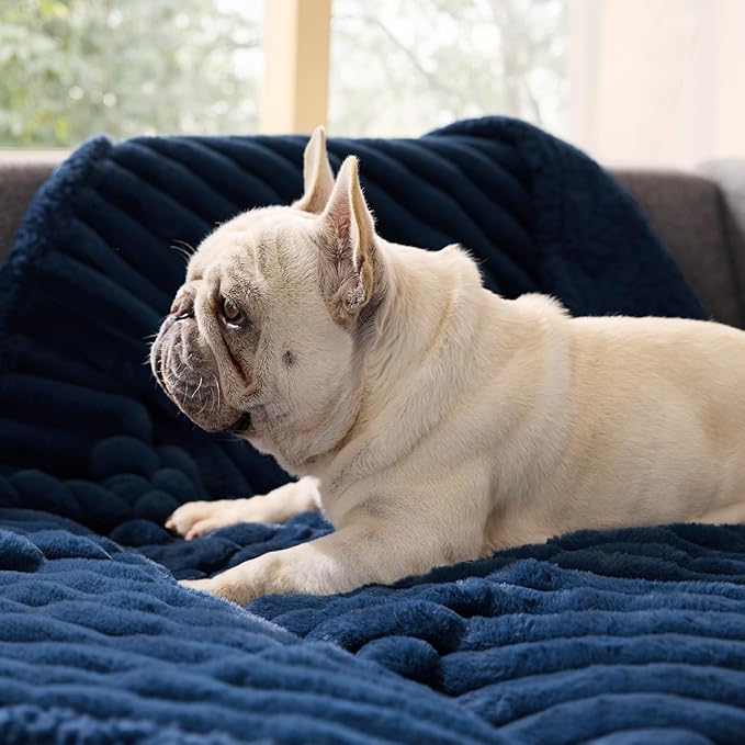 Bedsure Waterproof Dog Blankets for Medium Dogs - Soft Puppy Cat Blanket Corduroy Fleece Washable, Cozy Calming Reversible Furniture Protection for Pet Kitten Doggy,30"x40", Navy Blue