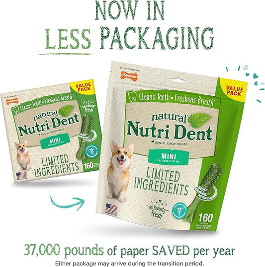 Nylabone Nutri Dent Dog Dental Chews - Natural Dog Teeth Cleaning & Breath Freshener - Dental Treats for Dogs - Fresh Breath Flavor, Mini (160 Count)
