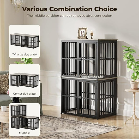 Lyromix 66'' Dog Crate Furniture with Double Rooms,Wooden Crate TV Stand with Removable Divider, Heavy Duty Indoor Puppy Cage Kennel for Small to Medium Dogs, Can Use Separately, Grey