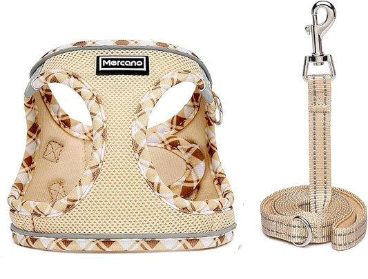 Mercano Soft Mesh Dog Harness and Leash Set, No-Chock Step-in Reflective Breathable Lightweight Easy Walk Vest Harnesses with Safety Buckle for Small Dogs, Cats (Beige, M)