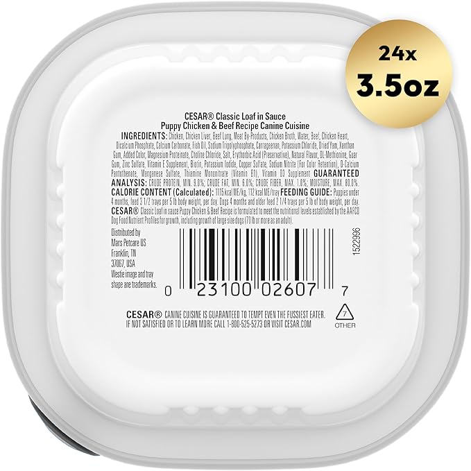 Cesar Puppy Classic Loaf in Sauce Wet Dog Food, Chicken & Beef Recipe, 3.5 oz. Easy Peel Trays, Dog Food Toppers, 24 Count (Pack of 1)