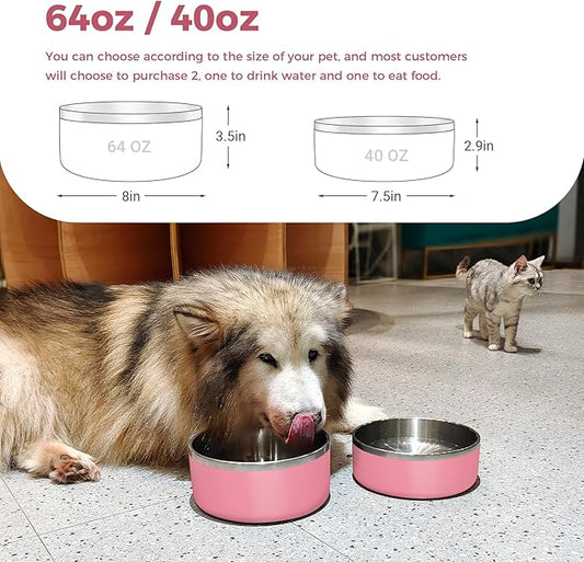 Dog Bowl, Stainless Steel Dog Food and Water Bowl with Non Slip Quiet Bottom, Easy to Clean, Dishwasher Safe, 64oz, Pink