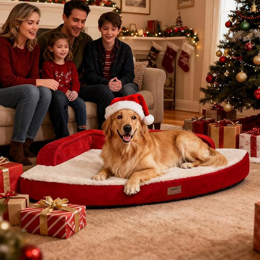 Christmas Dog Bed Large Size - XL Orthopedic Egg-Crate Memory Foam Dog Beds with Removable Washable Cover, Waterproof Pet Beds with Non-Slip Bottom, Red
