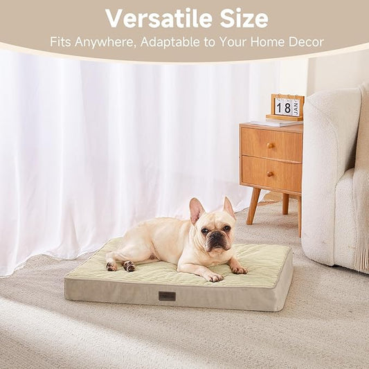 OhGeni Orthopedic Waterproof & Machine Washable Dog Bed for Small Medium Pets, Suitable for Crates, Cat Mat with 25D Egg Crate Foam, Removable Cover, 30 Inches(Khaki)
