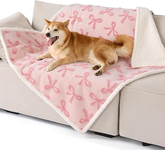LE SURE Waterproof Puppy Blanket for Large Dogs - Washable Double Sided Dog Blankets with Warm Jacquard Shag and Soft Sherpa Fleece, Pet Cat Blanket for Couch Protection, Bow Design,Pink Taffy