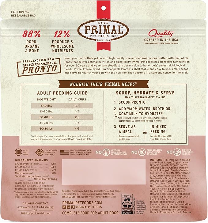 Primal Freeze Dried Dog Food, Pronto Mini Nuggets, Pork; Scoop & Serve, Complete & Balanced Meal; Also Use As Topper or Treat; Premium, Healthy, Grain Free, High Protein Raw Dog Food (25 oz)
