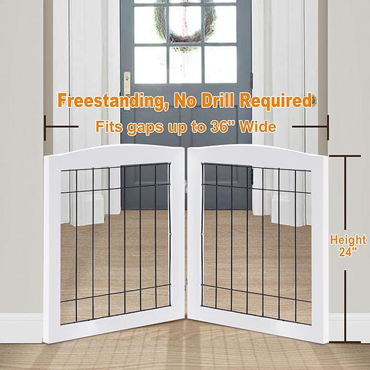 LZRS 2-Panel Freestanding Foldable Wood Dog Gate – Solid Wood & Steel Wire, Chew-Resistant Pet Barrier for Indoor Use, Ideal for Small to Medium Dogs, White