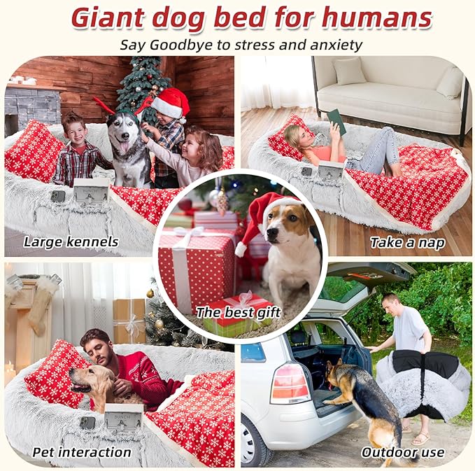Human Dog Bed - 71"x45"x12" Orthopedic Bed for Humans & Pets, Washable, Plump Pillow, Blanket, Strap - Grey