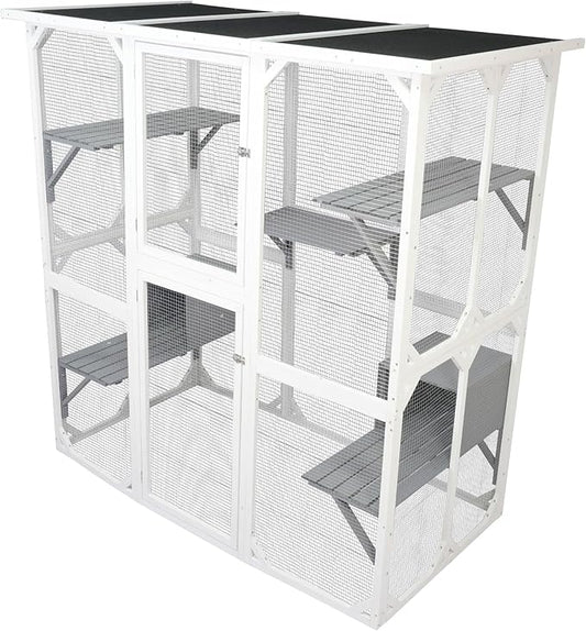 Ball & Cast 71" Wooden Catio Outdoor Cat Enclosure with Weatherproof Asphalt Roof,Jumping Platforms & Napping Houses,Walk-in Cats Kennel Shelter for Indoor,White