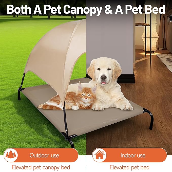 Himalaya Elevated Dog Bed, Large Bed with Canopy Removable Shade Tent, Stable Anti-Slip Feet for Pets Camping Indoor Outdoor Brown (Brown-Large)