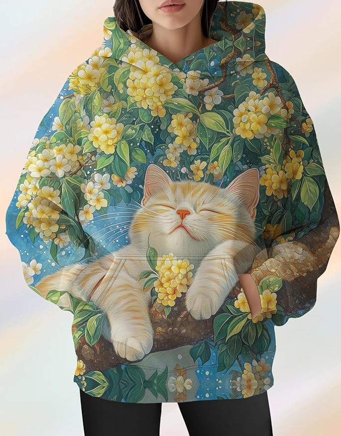 Womens Cat Print Hoodies Trendy Funny Cat Graphic Long Sleeve Sweatshirt Y2k Streetwear Hooded Pullover Tops