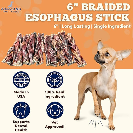 Amazing Dog Treats - 6 Inch Braided Gullet Stick (8 Pc/Pack) - Dog Jerky Treats - Beef Esophagus -Gullet for Dogs - Beef Esophagus Dog Treats