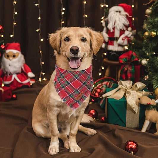 ADOGGYGO Christmas Dog Bandanas with Tassels Edges, Stylish Plaid Dog Christmas Scarf Bib, Multiple Sizes Offered, Plaid Bandanas for Large and Extra Large Dogs (X-Large)