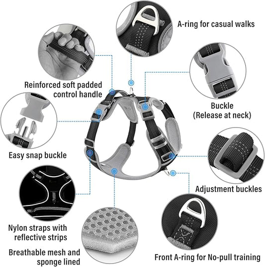 Plutus Pet No Pull Dog Harness, Release at Neck, Reflective Adjustable Dog Vest Harness, Easy Control Handle for Walking, for Small Medium Large Dogs, Black, S