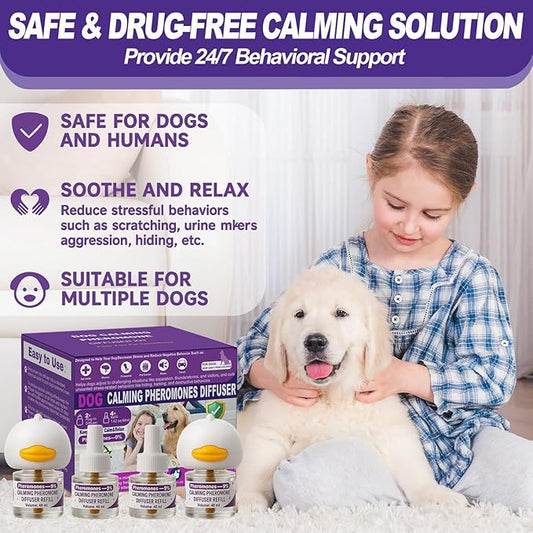 Dog Calming Pheromones Diffuser & 6 in 1 Kit Appeasing Dog Pheromone Diffuser to Calm (2 Plug in+4 x48ml Refill) Dog Calming Diffuser Anxiety Reduce Aggression Fighting Barking Stress 120 Day Supply