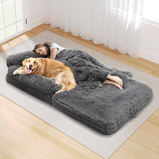 72" Foldable Human Dog Bed for Adults, Fluffy Faux Fur with Blanket, Orthopedic Washable Dog Bed with Memory Foam and Water Repellent Liner Extra Large Thick for Pet